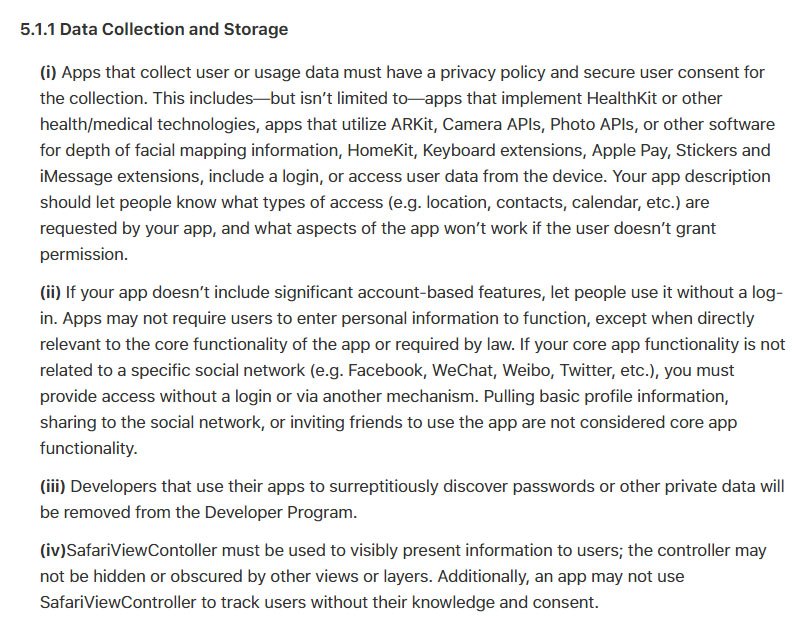 Apple App Store Review Guidelines: Privacy - Data Collection and Storage clause