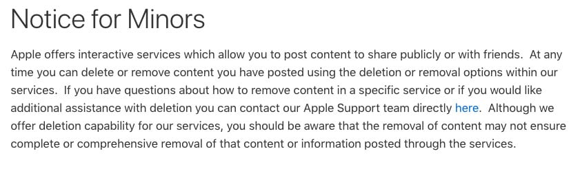 Apple&#039;s CA Privacy Disclosure: Notice for Minors clause