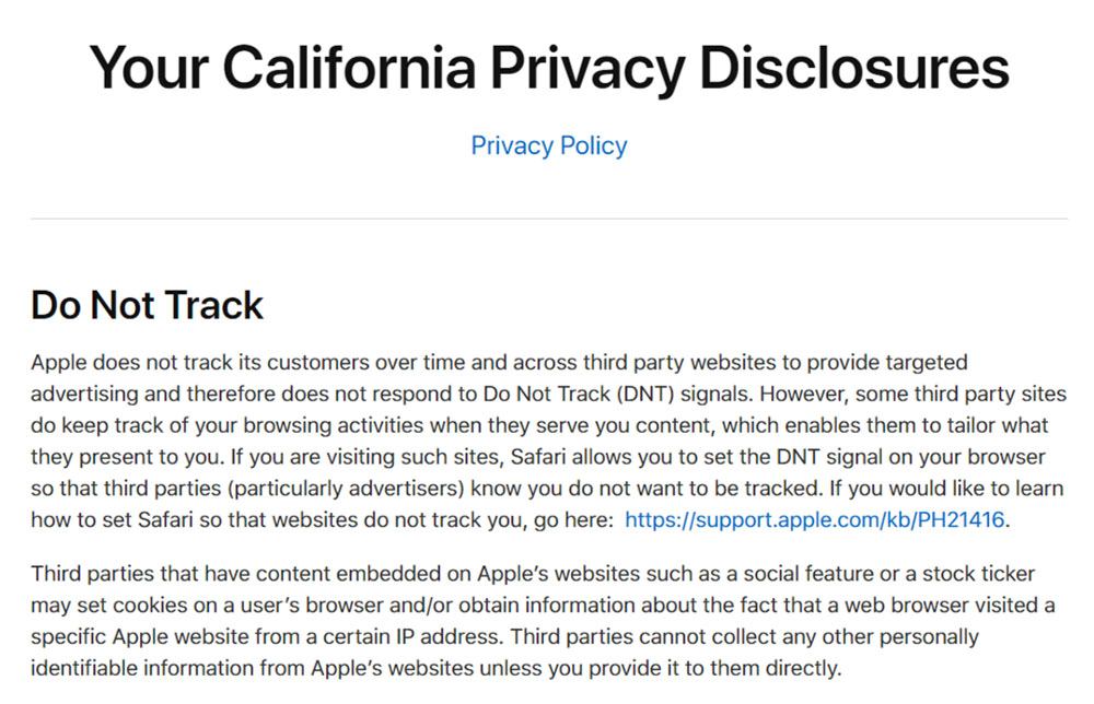 Apple Privacy Policy: Your California Privacy Disclosures - DNT clause