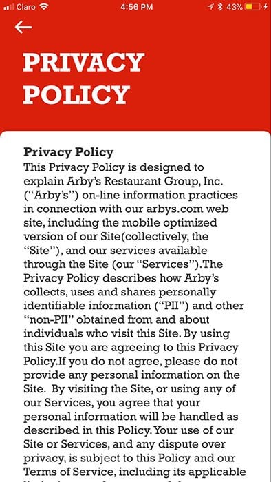 Arby&#039;s mobile app Privacy Policy: Intro clause using browsewrap