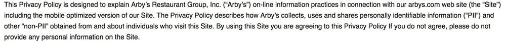 Arby&#039;s Privacy Policy: Intro clause using browsewrap