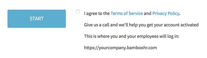 Bamboo HR sign-up form using clickwrap checkbox to agree to Terms and Privacy Policy
