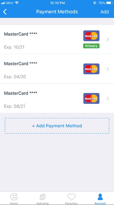 Chewy Mobile App: Account - Edit Payment Methods