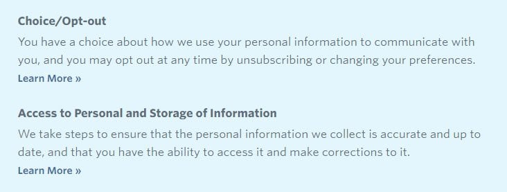 Constant Contact Privacy Statement: Choice and Opt-out and Access to personal and Storage of Information clauses