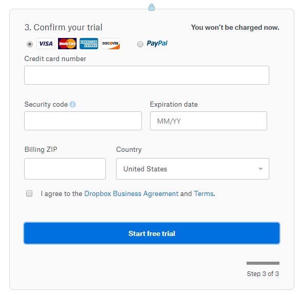 Dropbox account sign-up form with I Agree checkbox for consent