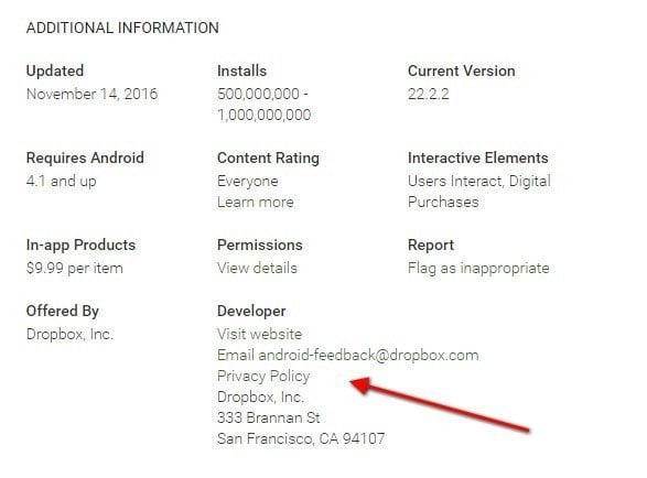 Dropbox Android app on Play Store: Link to Privacy Policy