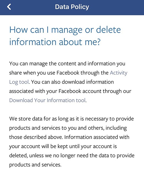 Facebook&#039;s Data Policy: How do I manage or delete information about me