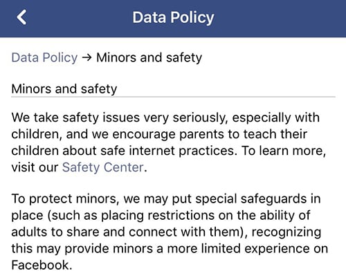 Facebook&#039;s Data Policy: Minors and safety clause