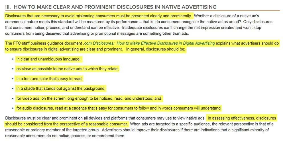 FTC Guide: How to Make Clear and Prominent Disclosures in Native Advertising clause