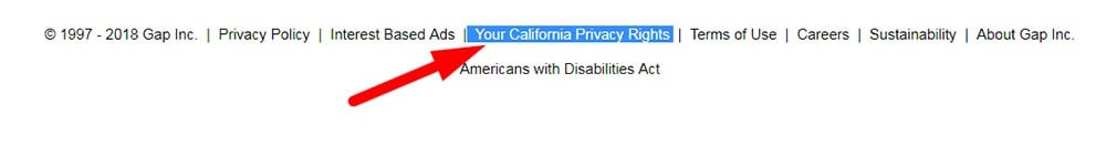 Gap: Highlighted link to the Your California Privacy Rights page in the footer