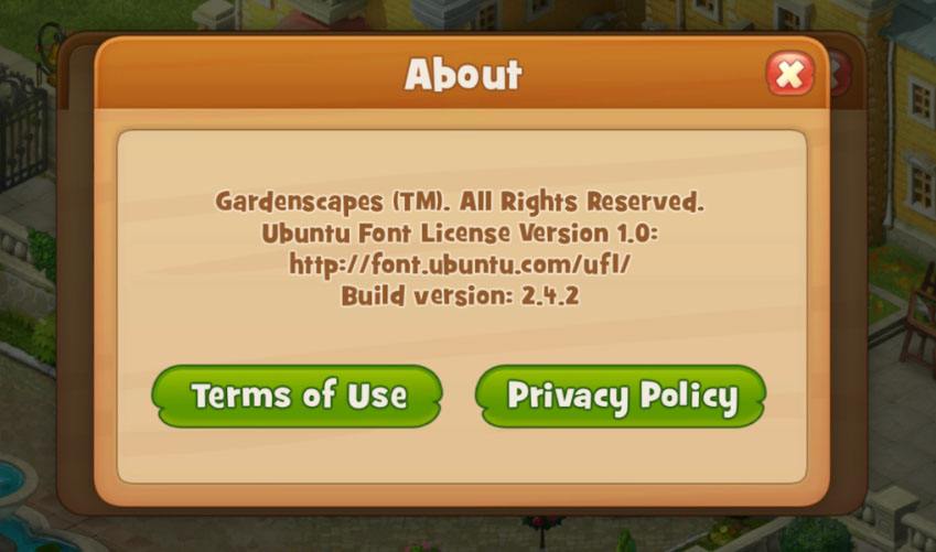 Gardenscapes mobile app game: About section with Privacy Policy and Terms of Use links
