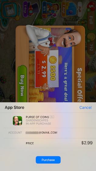 Gardenscapes mobile app game: Screenshot of App Store purchase confirmation