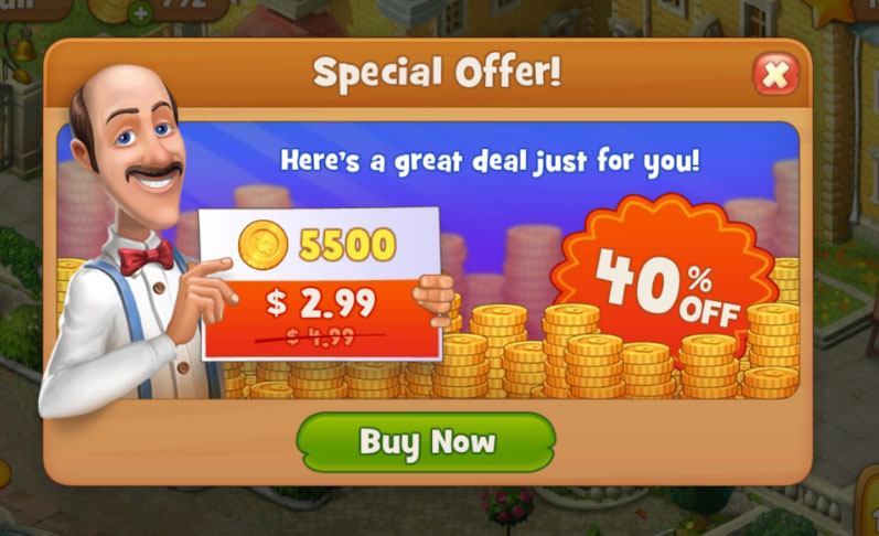 Gardenscapes mobile app game: Screenshot of purchase option