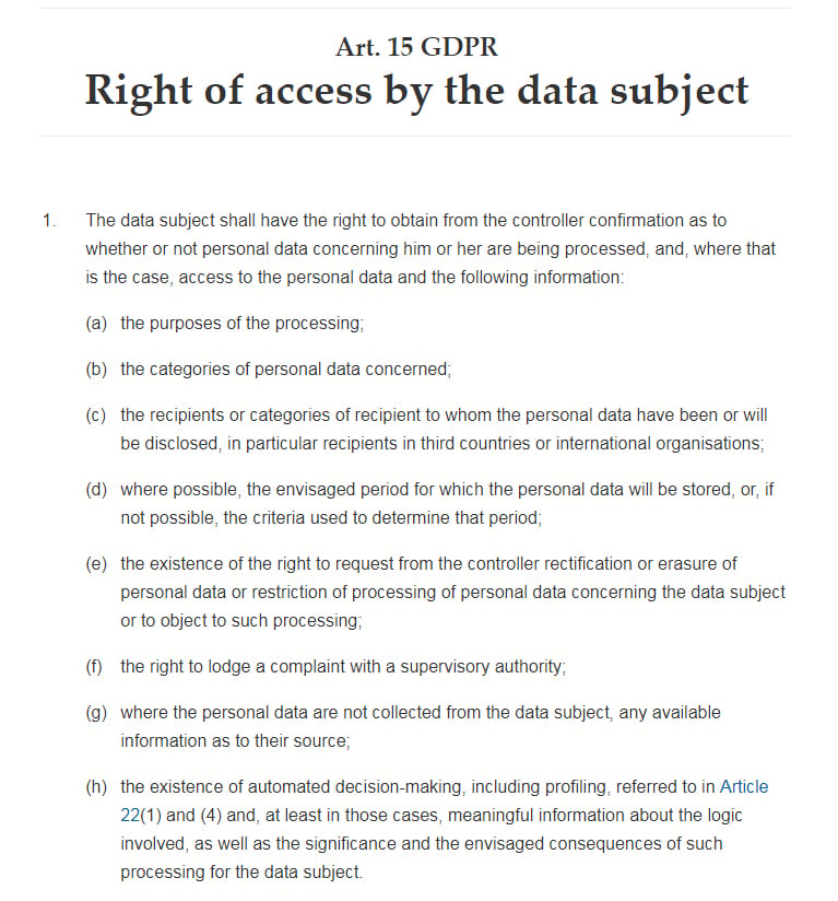 GDPR Info: Article 15: Right of Access by the data subject