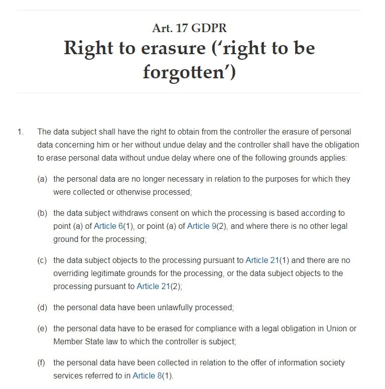 GDPR Info: Article 17: Right to erasure - Right to be forgotten