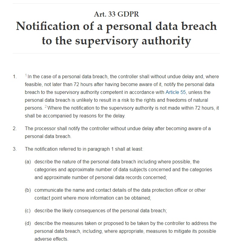 GDPR Info: Article 33: Notification of a personal data breach to the supervisory authority