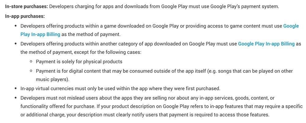 Google Play Store Developer Policy: Payments section