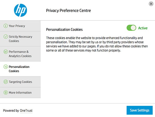 HP Privacy Preference Centre with Personalization Cookies settings