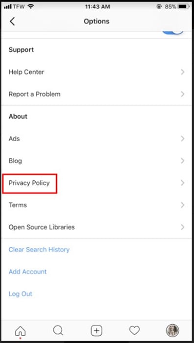 Instagram mobile app&#039;s Privacy Policy in Options menu