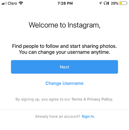 Instagram mobile app welcome screen using browsewrap