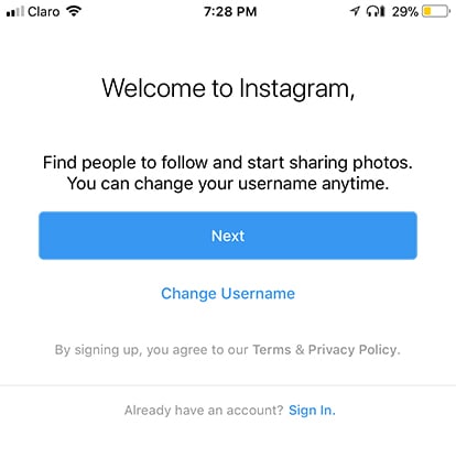 Instagram mobile app welcome screen using browsewrap