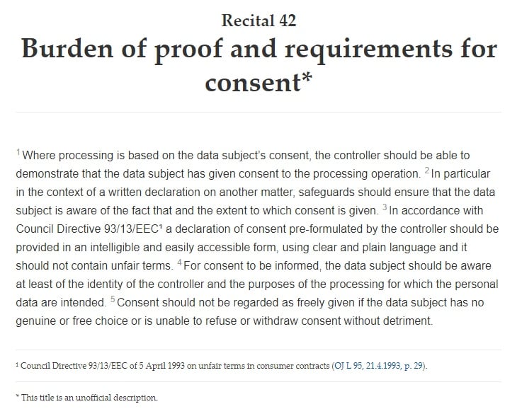 Intersoft Consulting: GDPR Recital 42: Requirements for Consent