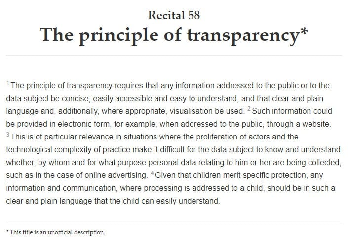 Intersoft Consulting: GDPR Recital 58 - The Principle of Transparency