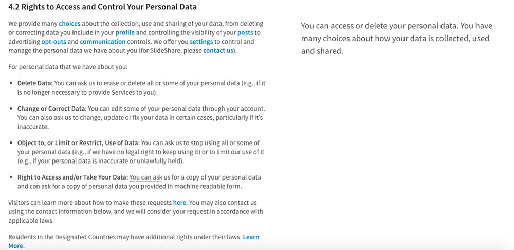 LinkedIn Privacy Policy; Rights to Access and Control Your Personal Data clause