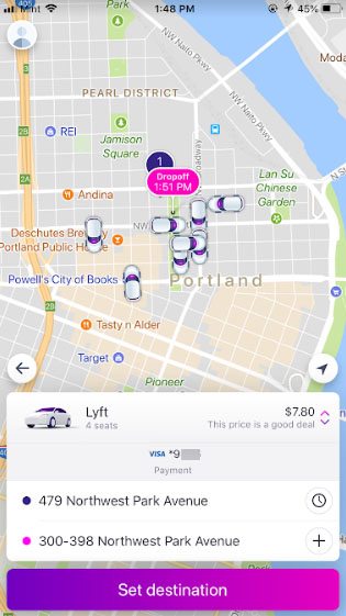 Lyft mobile app: Set destination page screenshot