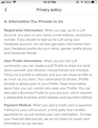 Lyft mobile Privacy Policy: Information You Provide to Us clause with Payment Method