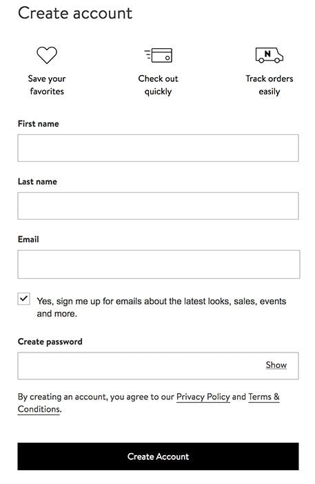Nordstrom create account form with pre-ticked checkbox