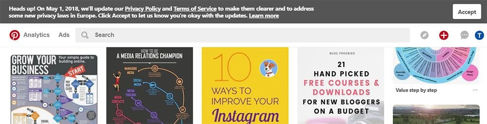 Pinterest banner notification for GDPR update to Privacy Policy and Terms of Service with Accept button