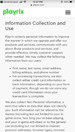 Playrix mobile Privacy Policy: Information Collection and Use clause