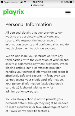 Playrix mobile Privacy Policy: Personal Information clause