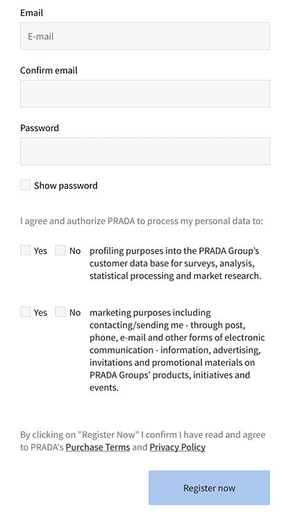 Prada registration form with clickwrap consent checkboxes for marketing and personal data collection