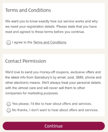 Sainsbury&#039;s mobile signup: Agree to Terms and Conditions and Contact Permission consent