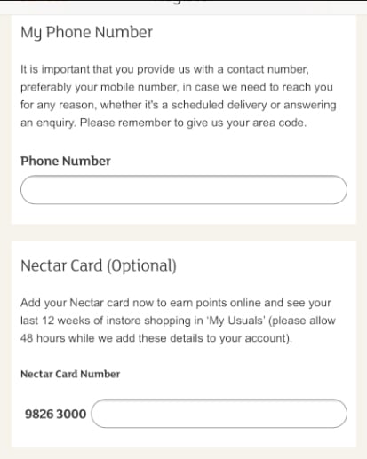 Sainsbury&#039;s mobile signup: Phone number consent