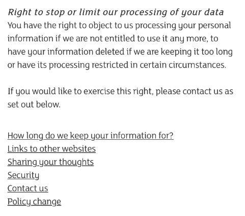 Sainsbury&#039;s Privacy Policy: Right to stop or limit our processing of your data clause