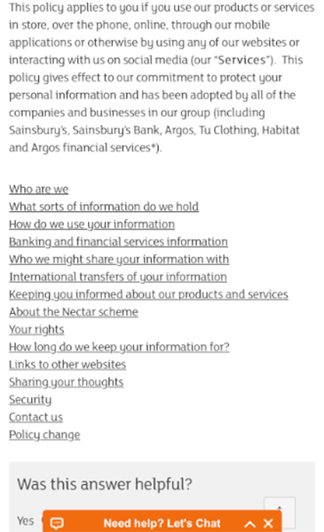 Sainsbury&#039;s Privacy Policy: List of links to policy sections