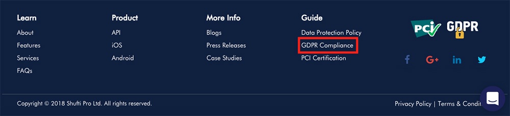 Shufti Pro website footer showing GDPR Compliance link