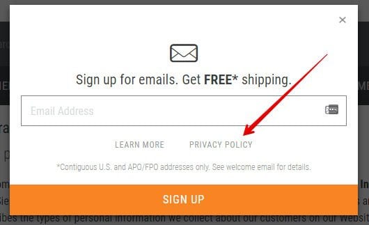 Sierra Trading Post: Sign up for emails pop-up screen Privacy Policy highlighted