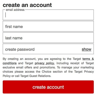 Target create an account form with automatic email signup/browsewrap