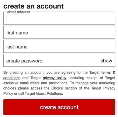 Target create an account form with automatic email signup/browsewrap