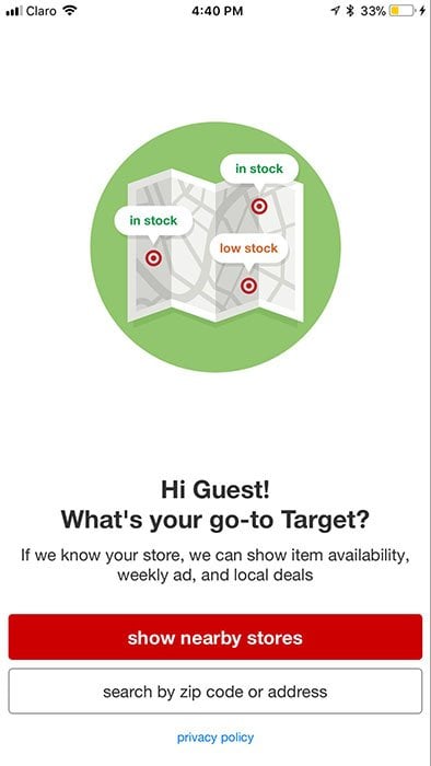 Target mobile app Show Stores screen with Privacy Policy link