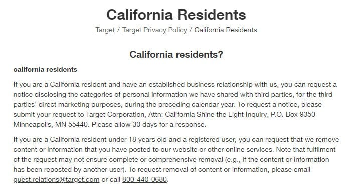 Target Privacy Policy: California Residents clause