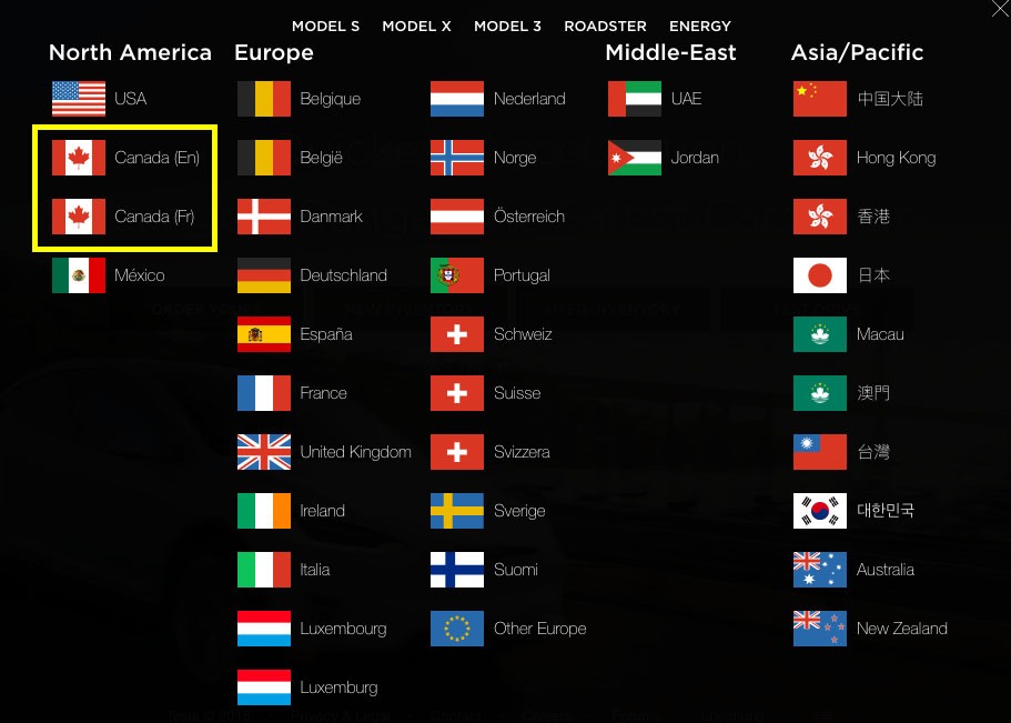 Screenshot of Tesla language selection tool with Canadian language preference option highlighted