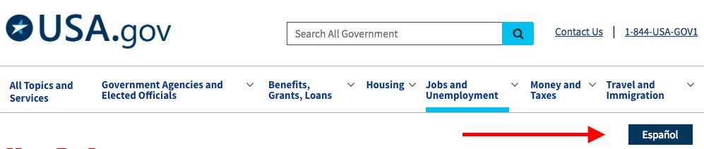 USA.gov: Arrow pointed on language selection button