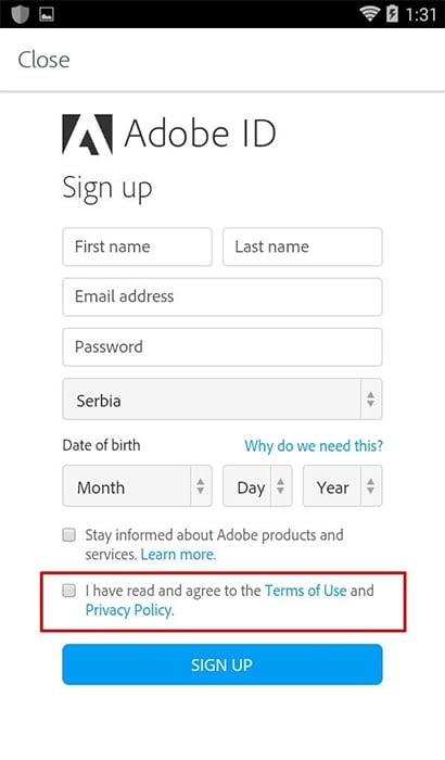 Adobe ID Sign-up screen: Clickwrap example with agree to Terms and Privacy Policy