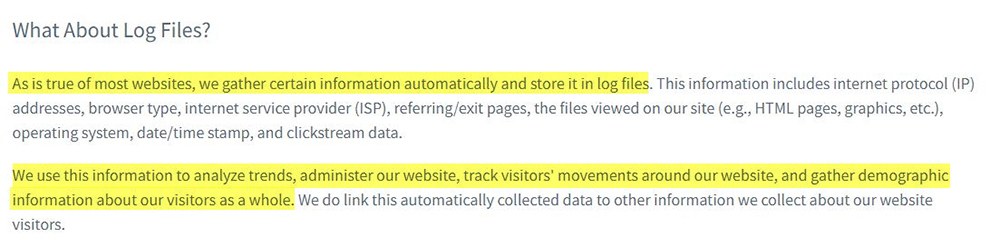 AWeber Privacy Policy: Log Files clause