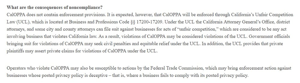 Consumer Federation of California Education Foundation: What are the consequences of noncompliance with CalOPPA